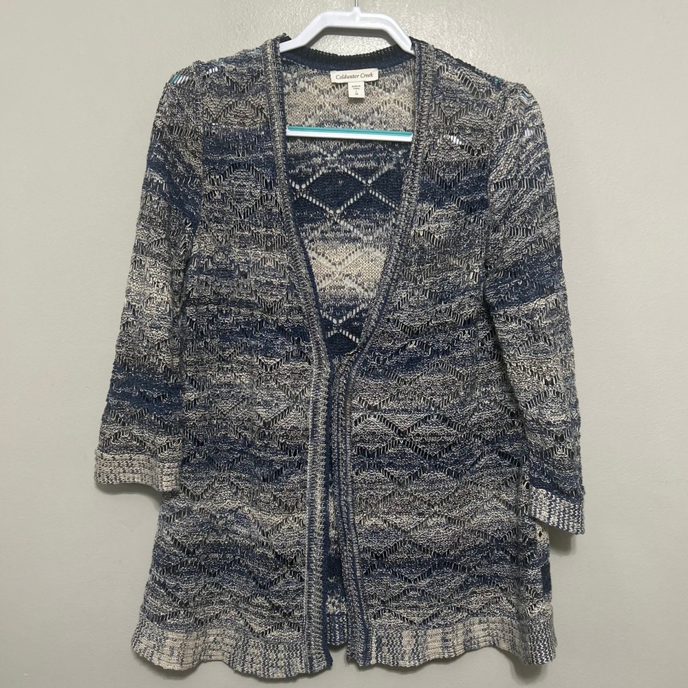 Coldwater Creek Womens Cardigan L 14 Blue Cream Linen Pointelle Coastal Grandma